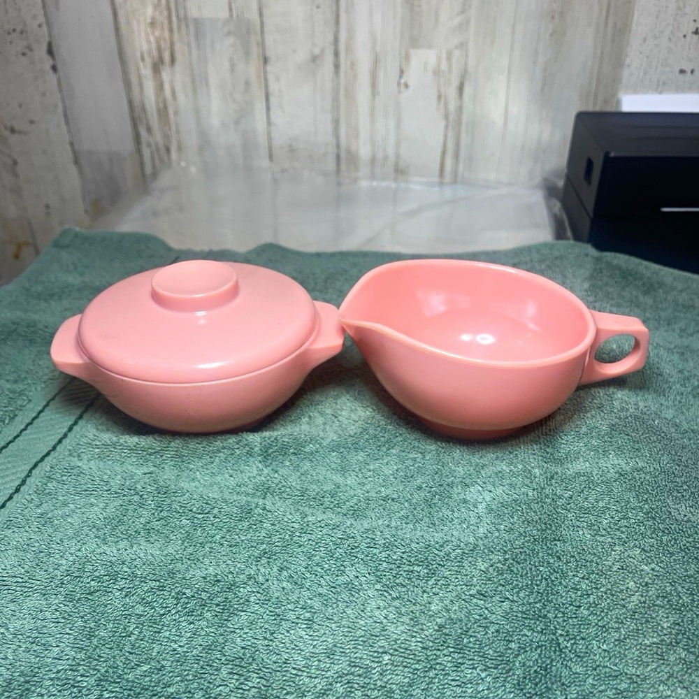 Harmony House Pink Melmac Creamer & Sugar Bowl w/ Lid 3pc Glossy MCM 203 209